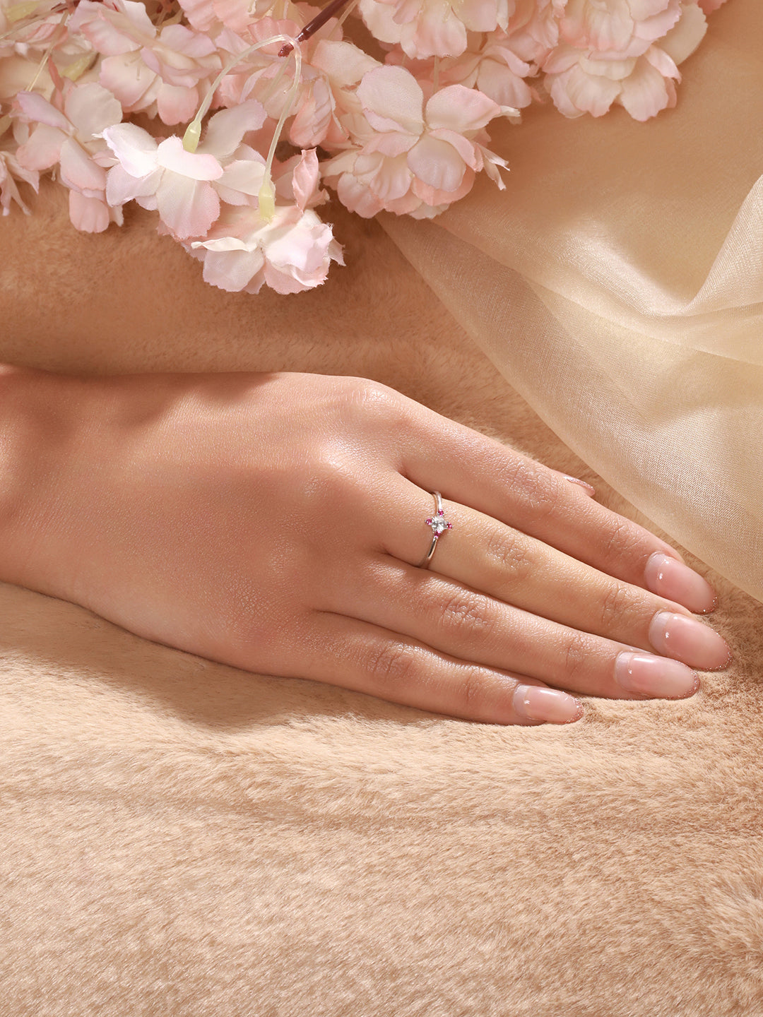 925 Silver Pink AD Studded Engagement Adjustable Finger Ring